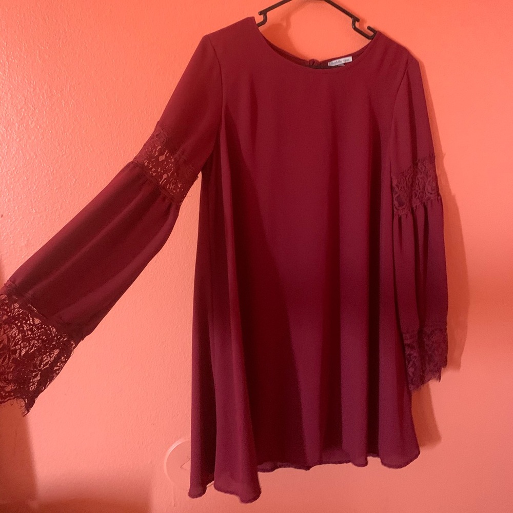 Red flowy dress with lace sleeves